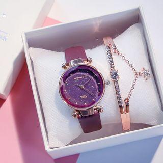 Set: Glitter Watchface Strap Watch + Rhinestone Bangle
