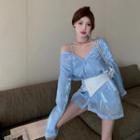 Long-sleeve Cold Shoulder Light Shirt Blue - One Size