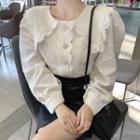 Lace Trim Puff-sleeve Blouse / Faux-leather A-line Skirt