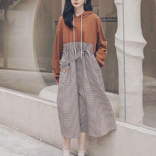 Mock Two-piece Plaid Panel Midi Hoodie Dress