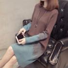 Color Block Long-sleeve Knit Dress Coffee - Xl