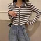 Long-sleeve Collared Striped Zip Knit Top