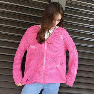 Long-sleeve Ripped Knit Cardigan