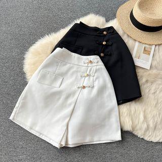 High-waist Button A-line Wide-leg Shorts