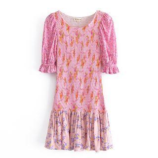 Smocked Floral Panel Mini Dress