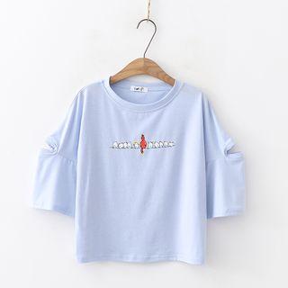 Elbow-sleeve Print Cropped T-shirt