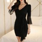 3/4-sleeve V-neck Mini Bodycon Dress