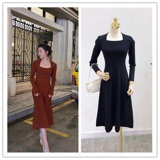 Long-sleeve Square-neck Knit Midi A-line Dress