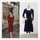 Long-sleeve Square-neck Knit Midi A-line Dress