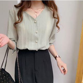 Fray Trim 3/4-sleeve Beaded Blouse