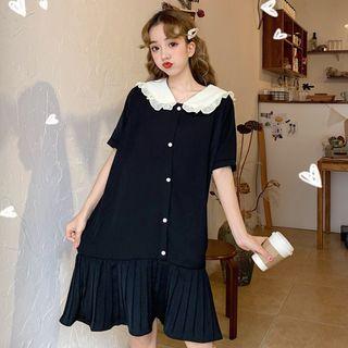 Short-sleeve Collared Midi Pleated Dress