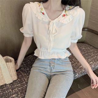 Short-sleeve Tie-neck Floral Embroidered Blouse White - One Size