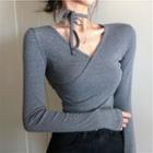 Long-sleeve V-neck Crop T-shirt