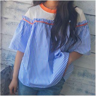 Pinstripe Panel Short-sleeve Blouse