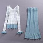 Set: Striped V-neck Long-sleeve Knit Top + Midi Knit Skirt