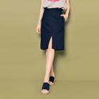 Band-waist Slit-front Linen Blend Skirt