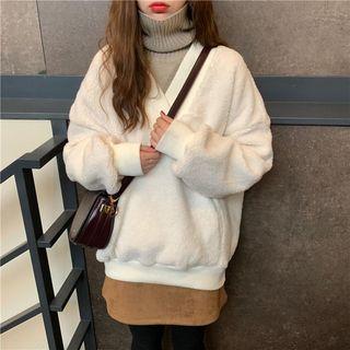 Fleece V-neck Long-sleeve Loose-fit Pullover
