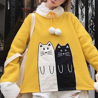 Furry Trim Cat Applique Pullover