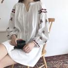 Embroidered Loose-fit Puff-sleeve Linen Dress