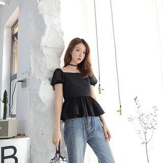 Short-sleeve Ruffle Hem Chiffon Blouse