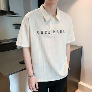 Short-sleeve Half-zip Letter Embroidered Shirt