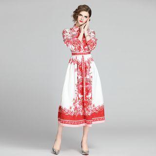 Printed Collared Long-sleeve A-line Midi Dress