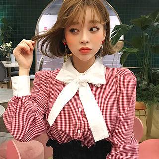 Contrast-trim Gingham Blouse With Tie