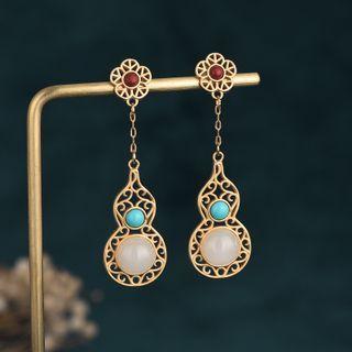 Gourd Faux Gemstone Alloy Dangle Earring Cp203 - 1 Pair - Red & White & Turquoise & Gold - One Size