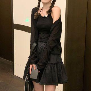Spaghetti Strap Top / Mini A-line Skirt / Cardigan