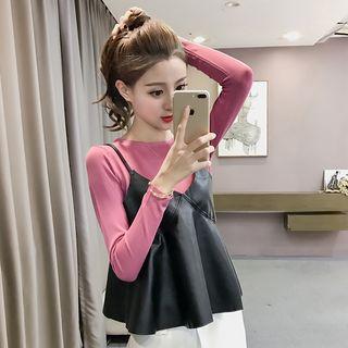 Set: Knit Top + Sleeveless Faux-leather Top