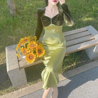 Long-sleeve Beaded Velvet Panel Midi Sheath Dress