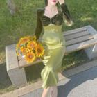 Long-sleeve Beaded Velvet Panel Midi Sheath Dress