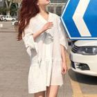 V-neck Elbow-sleeve Lace Dress White - One Size