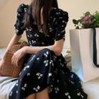 Short-sleeve V-neck Floral Printed Chiffon Dress Black - One Size