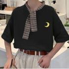 Elbow-sleeve Embroidered Plaid Tie-collar T-shirt