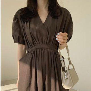 Plain V-neck Crinkled Oversized Dress