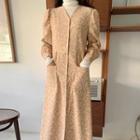 Long-sleeve Floral Corduroy Midi Dress Yellow Floral - Almond - One Size