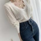V-neck Frill Trim Perforated Long-sleeve Knit Top