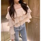 Long-sleeve Off-shoulder Ruffle Knit Top As Shown In Figure - One Size