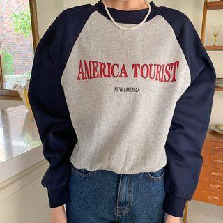Raglan-sleeve Lettering Cropped Sweatshirt Black & Gray - One Size