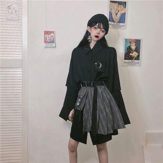 Elbow-sleeve Shirt Dress / Asymmetric Pleated Skirt