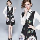Set: Contrast Trim Shirt + Floral Jacquard A-line Pinafore Dress