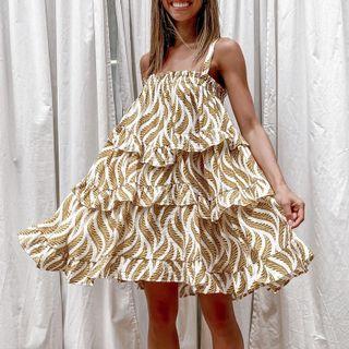 Spaghetti Strap Print Ruffle Trim Mini A-line Dress