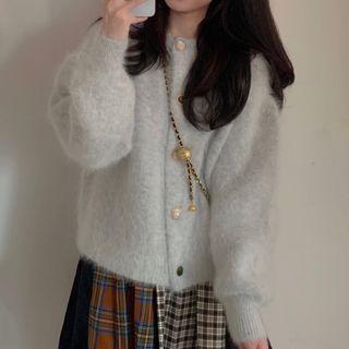 Plain Fluffy Cardigan White Blue - One Size