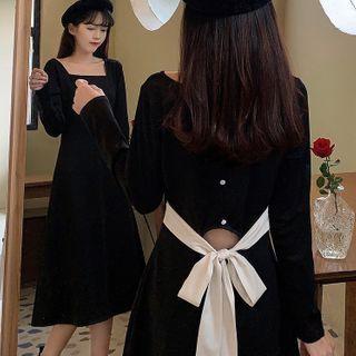 Tie-back Square Neck Long Sleeve A-line Dress