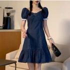 Puff-sleeve V-neck Denim Mermaid Dress