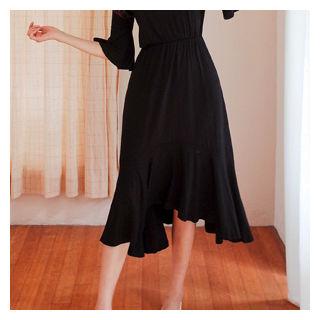 Elbow-sleeve Band-waist Ruffle-hem Midi Dress