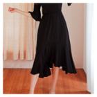 Elbow-sleeve Band-waist Ruffle-hem Midi Dress