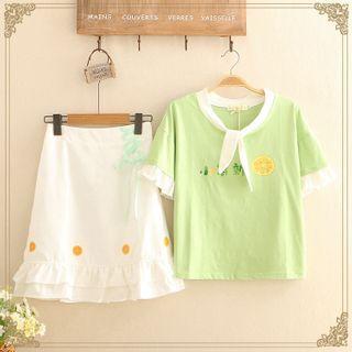 Contrast-trim Lemon Print Short-sleeve Tee / Lace-up Detail Skirt