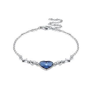 925 Sterling Silver Heart Bracelet With Blue Austrian Element Crystal Silver - One Size